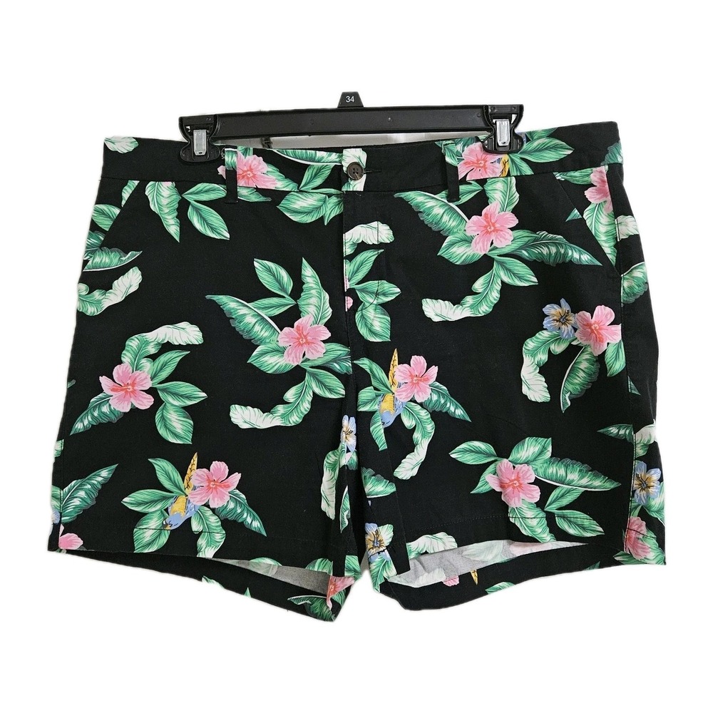 Old Navy Everyday Short Women 16 Black Tropical Hibiscus Parrot Floral Cotton